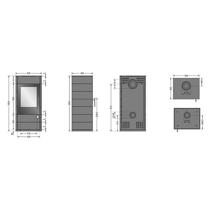 Justus Kaminofen Tova (6 kW, Raumheizvermögen: 124 m³, Verkleidung: Stahl, Schwarz)