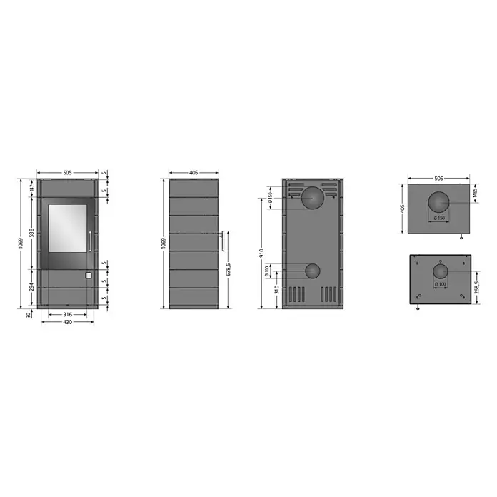 Justus Kaminofen Tova - 6 kW, Raumheizvermögen: 115 m³, Material Verkleidung: Stahl, Schwarz - Technische Zeichnung eines Kaminofens mit Maßangaben zu Abmessungen, Anschlüssen und Details.