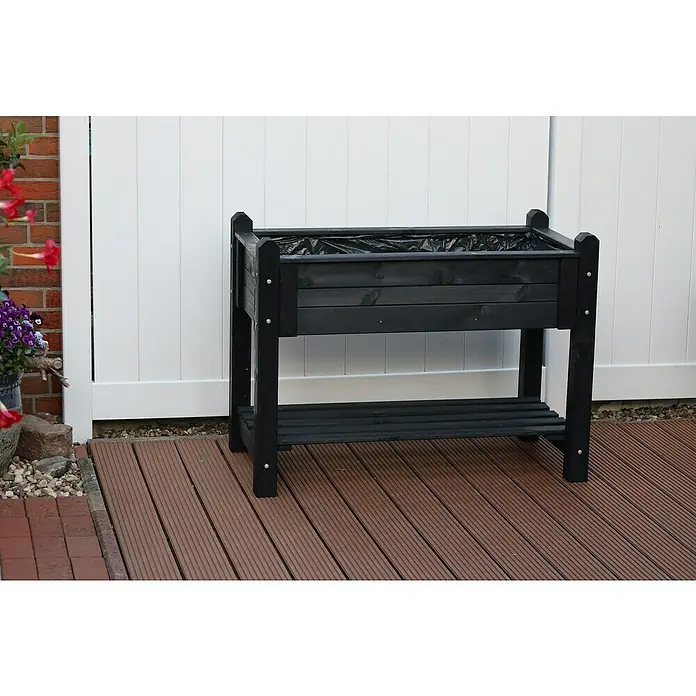 Promadino Kräuterhochbeet - L x B x H: 114 x 60 x 84,5 cm, Anthrazit - Schwarzer, erhöhter Pflanzkasten mit Ablagefläche aus Holz auf einer Terrasse, ideal für Gartenliebhaber mit wenig Platz.
