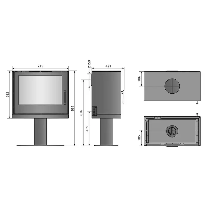 Justus Kaminofen Dias - 6,5 kW, Raumheizvermögen: 128 m³, Material Verkleidung: Stahl, Schwarz - Technische Zeichnung eines grauen freistehenden Holzofens mit integriertem Sockel und Maßen.