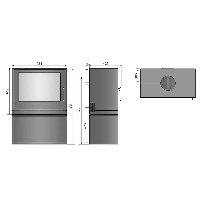 Justus Kaminofen Dias - 6,5 kW, Raumheizvermögen: 128 m³, Material Verkleidung: Stahl, Schwarz - Technische Zeichnung eines dunkelgrauen Metallofens mit großer Glastür, mit Vorder-, Seiten- und Draufsicht und Maßen.