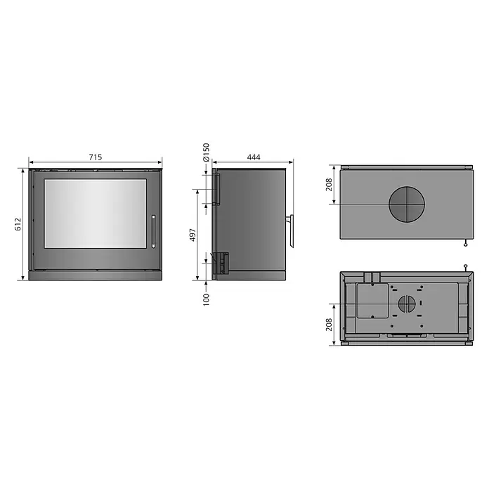 Justus Kaminofen Dias - 6,5 kW, Raumheizvermögen: 128 m³, Material Verkleidung: Stahl, Schwarz - Technische Zeichnung eines rechteckigen, grauen Kamineinsatzes mit großer Glastür, von vorne, Seite und oben mit Hauptmaßen.
