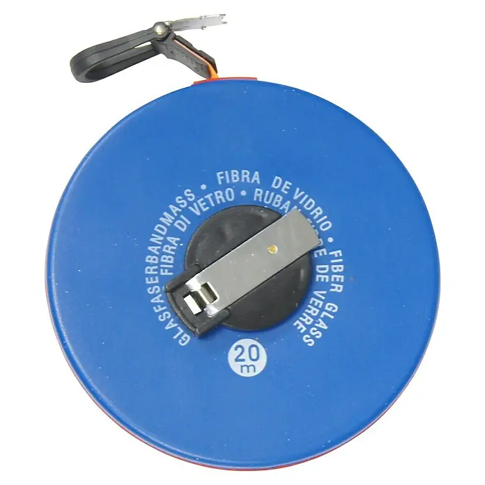 Connex Cinta métrica extensible - Largo: 30 mm, Vidrio - Primer plano de una cinta métrica azul de fibra de vidrio de 20 metros con mango negro y manivela plateada. Ideal para medir largas distancias.