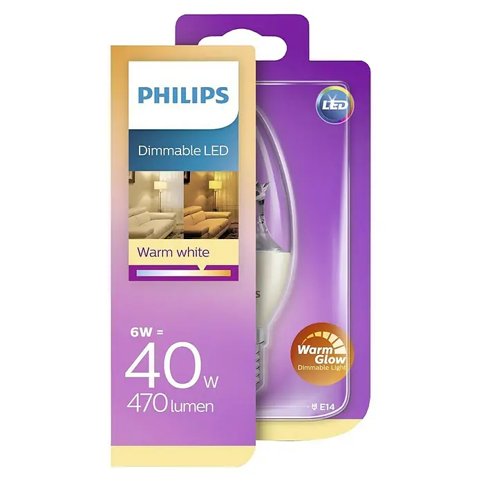 Philips Bombilla LED Vela - E14, Intensidad regulable, Blanco cálido, 470 lm, 6 W - Imagen del producto de una bombilla LED Philips, regulable, blanco cálido, con una potencia de 6W, equivalente a 40W, y 470 lúmenes.