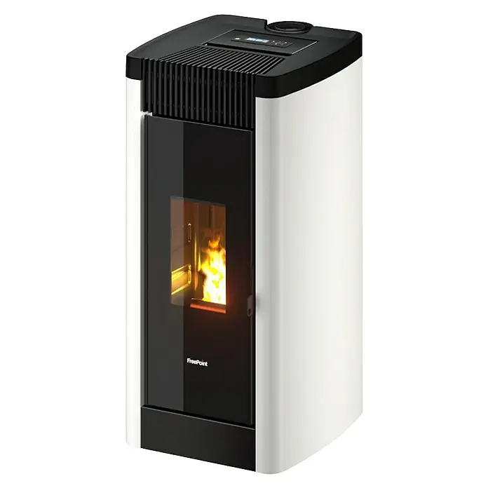FreePoint Estufa de pellets Steel Wifi canalizable - 8,5 kW, Volumen de calefacción: 70 m³ - 238 m³, Blanco - Primer plano de una estufa de pellets FreePoint con llamas, que ofrece calidez y eficiencia para tu hogar.