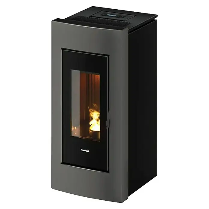 FreePoint Estufa de pellets Go - 10,5 kW, Volumen de calefacción: 84 m³ - 294 m³, Negro y titanium - Una estufa de pellets elegante con una ventana de vidrio, que aporta calidez y ambiente a cualquier habitación. El diseño moderno encaja perfectamente.