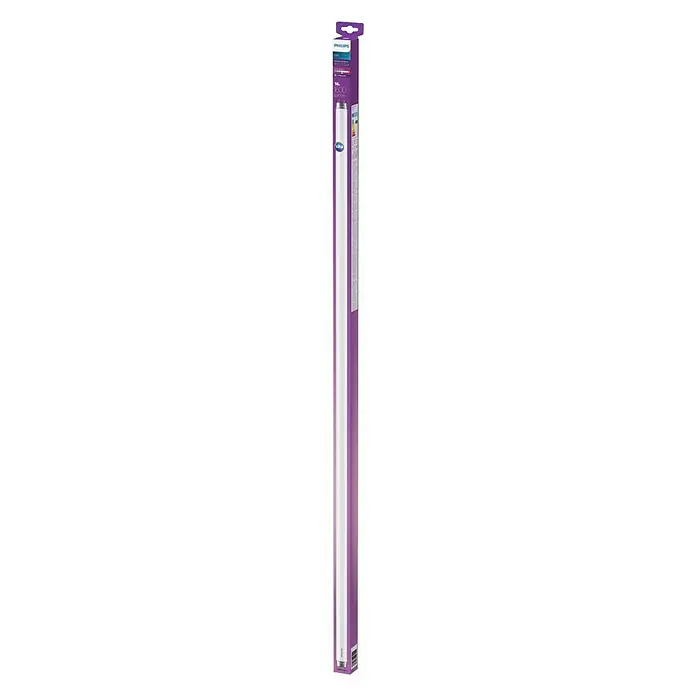 Philips LED Leuchtstoffröhre T8 - Länge: 121,2 cm, Neutralweiß, 16 W, 1.600 lm - Das Bild zeigt eine verpackte LED-Röhre von Philips in einer lila Verpackung. Eine energieeffiziente Beleuchtungslösung für den Innenbereich.