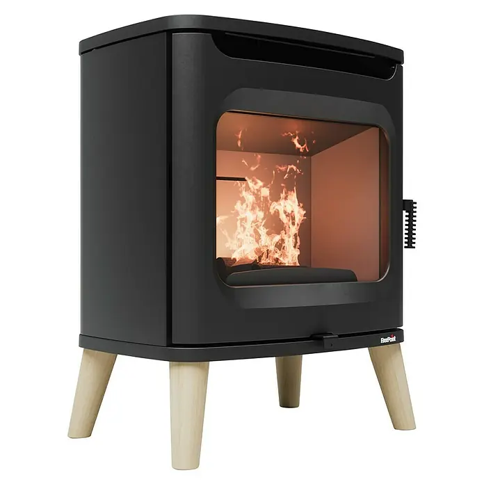 FreePoint Estufa de leña Flos Wood - 7 kW, Volumen de calefacción: 196 m³, Negro - Estufa de leña FirePost con llama vibrante y diseño minimalista, ideal para crear un ambiente cálido y acogedor.