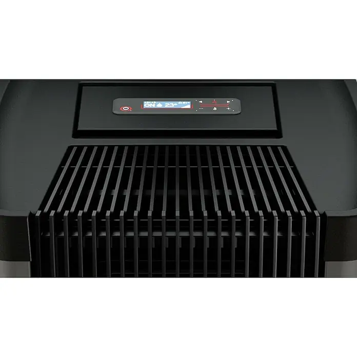FreePoint Estufa de pellets Steel Wifi canalizable - 8,5 kW, Volumen de calefacción: 70 m³ - 238 m³, Titanium - Primer plano de un enfriador negro con pantallas digitales y ranuras de ventilación.