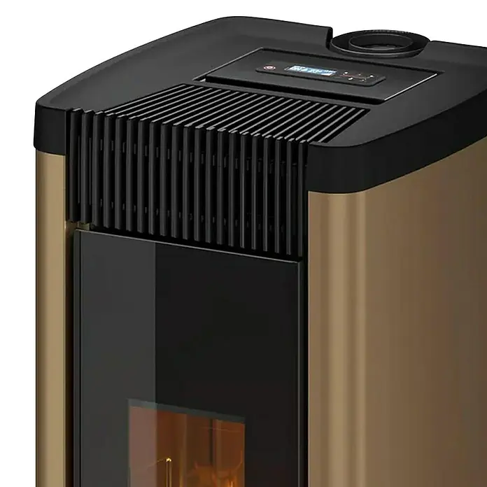FreePoint Estufa de pellets Steel Wifi canalizable - 8,5 kW, Volumen de calefacción: 70 m³ - 238 m³, Dorada - Primer plano de una estufa de pellets con acabados dorados, tapa negra y pantalla digital.