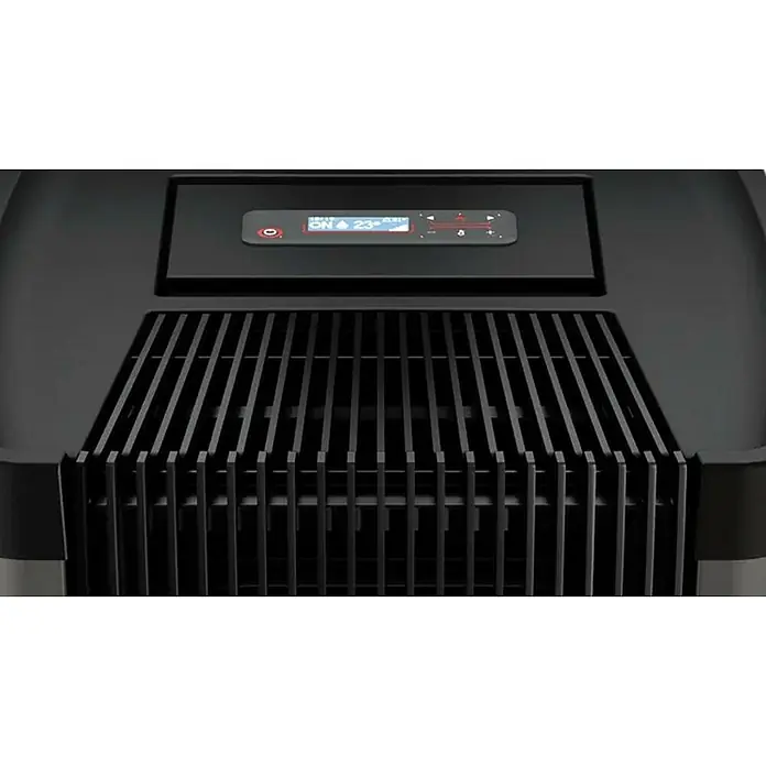 FreePoint Estufa de pellets Steel Wifi canalizable - 8,5 kW, Volumen de calefacción: 70 m³ - 238 m³, Dorada - Primer plano de un refrigerador negro con pantalla digital.