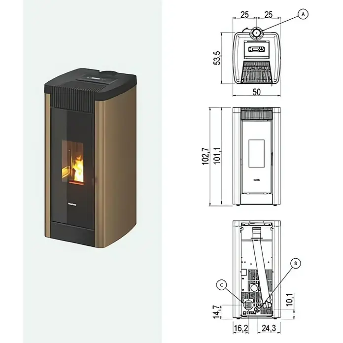 FreePoint Estufa de pellets Steel Wifi canalizable - 8,5 kW, Volumen de calefacción: 70 m³ - 238 m³, Dorada - Diagrama del producto de una estufa de pellets con dimensiones, incluyendo vista superior, vista frontal y vista posterior.