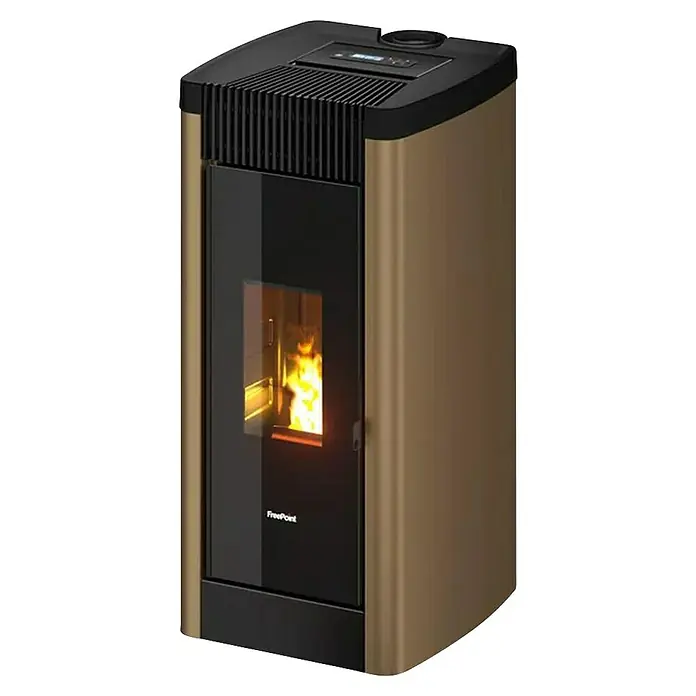FreePoint Estufa de pellets Steel Wifi canalizable - 8,5 kW, Volumen de calefacción: 70 m³ - 238 m³, Dorada - Elegante producto FreePoint: Estufa de pellets con frontal de vidrio negro y laterales color bronce, que aporta calidez y estilo a cualquier estancia.