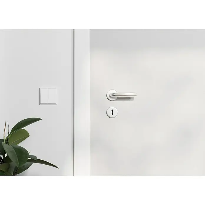 Hoppe Drückergarnitur TokyoStärke Tür: 42 mm - 37 mm, Aluminium, Buntbart, Form Schild: Rund - Nahaufnahme einer modernen weißen Tür mit einem silbernen Türgriff und Schlüsselloch, daneben ein Lichtschalter und eine Zimmerpflanze.
