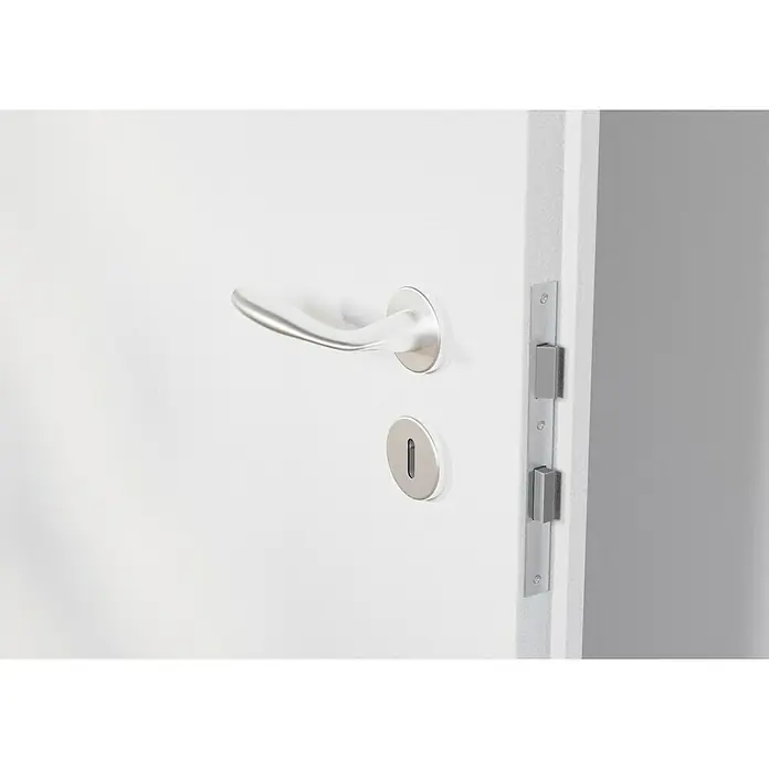 Hoppe Zimmertürgarnitur Vitoria - Stärke Tür: 42 mm - 37 mm, Aluminium, Buntbart - Nahaufnahme einer Tür mit einem modernen Türgriff und Schloss, ideal für Sicherheits- und Designprojekte.