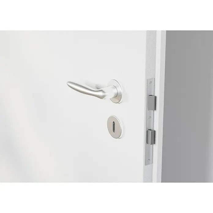 Hoppe Zimmertürgarnitur VeronaStärke Tür: 42 mm - 37 mm, Aluminium, Buntbart - Nahaufnahme eines modernen, weißen Türbeschlags mit einem eleganten Türgriff und Schlüsselloch. Die Tür ist leicht geöffnet.
