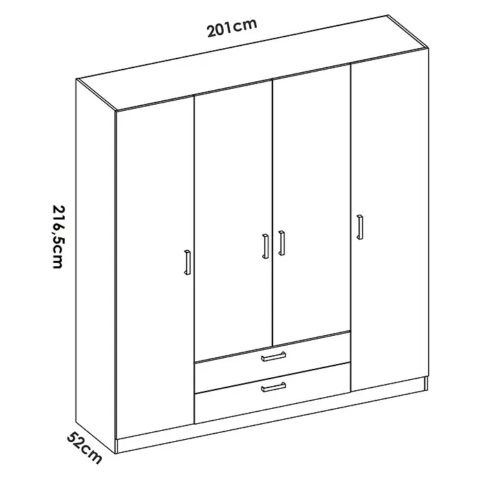 Dekit Armario para ropa Maxi - L x An x Al: 52 x 200 x 215 cm, Blanco, Número de puertas: 4 ud., Número de cajones: 2 ud. - Imagen de un armario con cuatro puertas y dos cajones, que mide 216,5 cm de altura, 201 cm de ancho y 52 cm de profundidad.