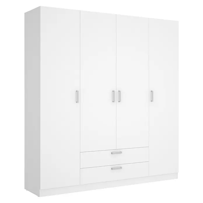 Dekit Armario para ropa Maxi - L x An x Al: 52 x 200 x 215 cm, Blanco, Número de puertas: 4 ud., Número de cajones: 2 ud. - Armario blanco moderno con cuatro puertas y dos cajones para un almacenamiento elegante.