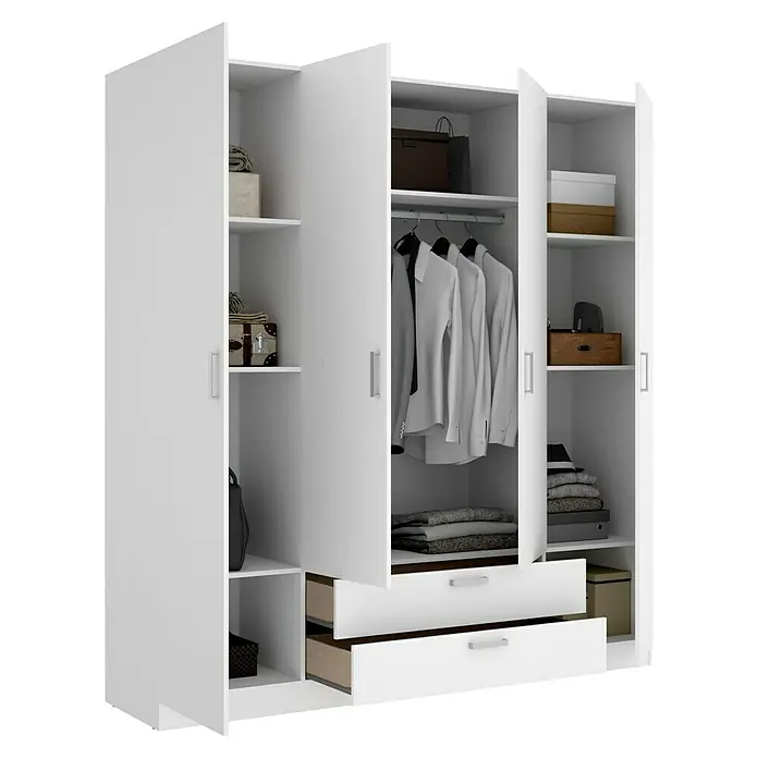 Dekit Armario para ropa Maxi - L x An x Al: 52 x 200 x 215 cm, Blanco, Número de puertas: 4 ud., Número de cajones: 2 ud. - Elegante armario blanco con múltiples compartimentos, espacio para colgar y cajones para guardar ropa y accesorios con estilo.