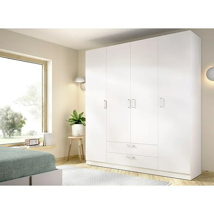 Dekit Armario para ropa Maxi - L x An x Al: 52 x 200 x 215 cm, Blanco, Número de puertas: 4 ud., Número de cajones: 2 ud. - Armario blanco grande y moderno con cuatro puertas y dos cajones. Mueble perfecto para un dormitorio elegante.