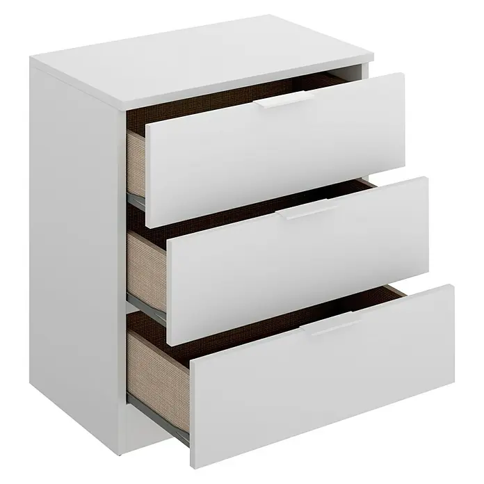 Dekit Mesita de noche Lago - L x An x Al: 34 x 50 x 58 cm, Blanco, Número de cajones: 3 ud. - Una cómoda blanca con tres cajones, parcialmente abiertos para revelar interiores forrados de tela. Almacenamiento elegante y accesible.