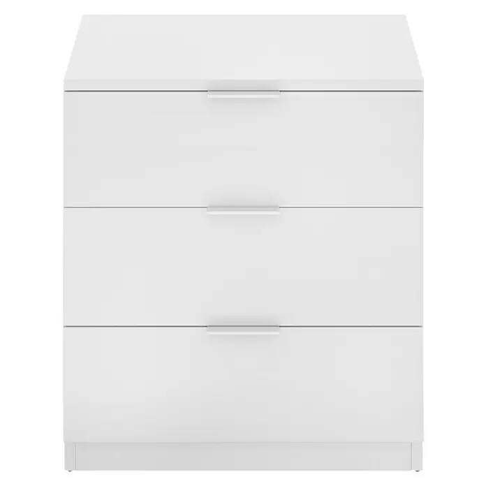 Dekit Mesita de noche Lago - L x An x Al: 34 x 50 x 58 cm, Blanco, Número de cajones: 3 ud. - Esta imagen muestra una moderna cómoda blanca con tres cajones y elegantes tiradores horizontales, ideal para soluciones de almacenamiento con estilo.