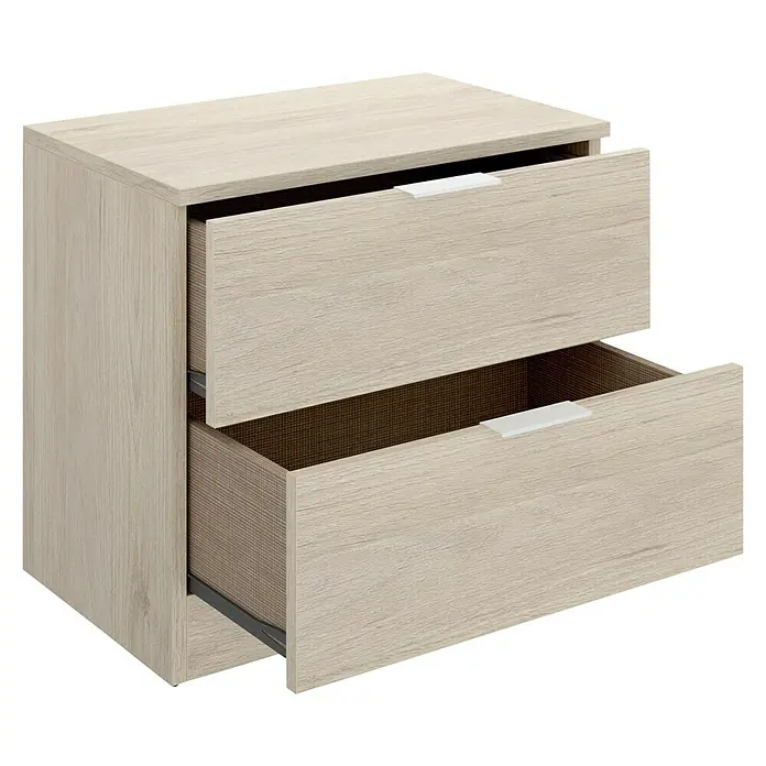 Dekit Mesita de noche Lago - L x An x Al: 34 x 50 x 46 cm, Natural, Número de cajones: 2 ud. - Esta mesita de noche de aspecto madera cuenta con dos cajones con tiradores blancos, ofreciendo un espacio de almacenamiento práctico.