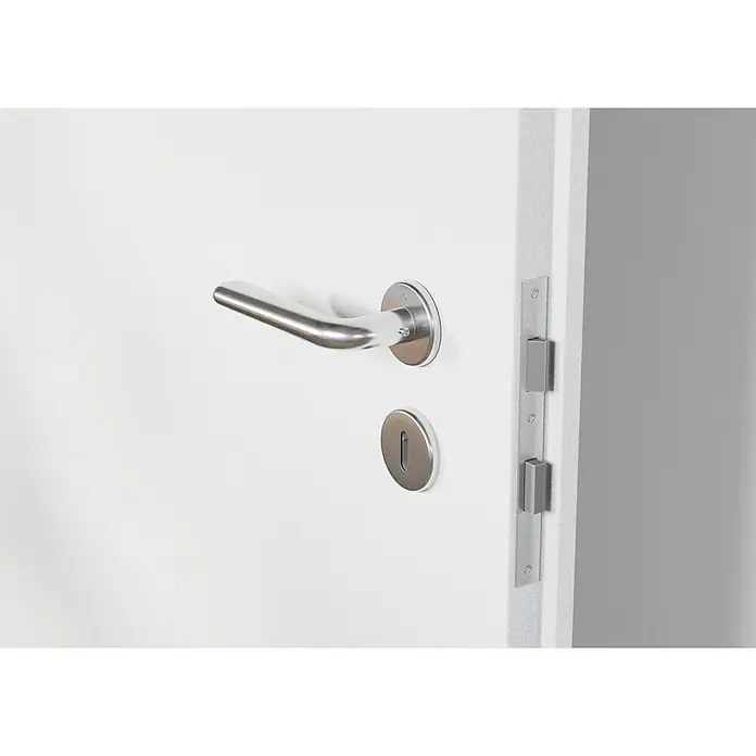 Hoppe Zimmertürgarnitur Helsingborg - Stärke Tür: 42 mm - 37 mm, Edelstahl, Buntbart - Nahaufnahme eines weißen Türblattes mit Türgriff und Schloss, das die Sicherheitsmerkmale und das Design hervorhebt.