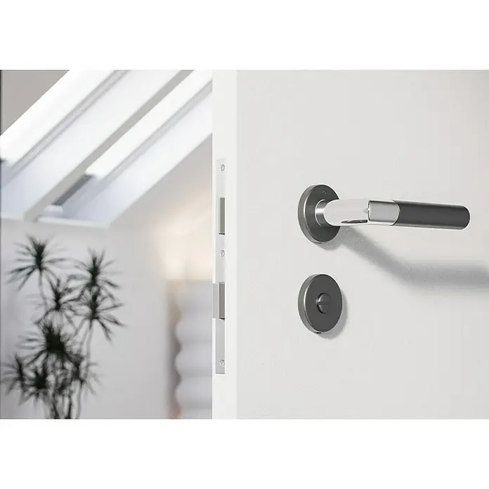 Hoppe Zimmertürgarnitur WC Lecce - Stärke Tür: 42 mm - 37 mm, Aluminium, Schlitzkopf/Olive - Nahaufnahme einer modernen Türklinke aus Edelstahl an einer weißen Tür, die einen Blick in einen hellen Raum mit Pflanzen ermöglicht.