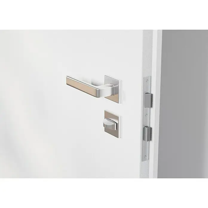Hoppe Zimmertürgarnitur WC Dublin - Stärke Tür: 42 mm - 37 mm, Aluminium, Silber, Schlitzkopf/Olive - Nahaufnahme eines modernen Türbeschlags aus Edelstahl, bestehend aus Griff, Schloss und Schließblech. Perfekt für ein elegantes Zuhause.