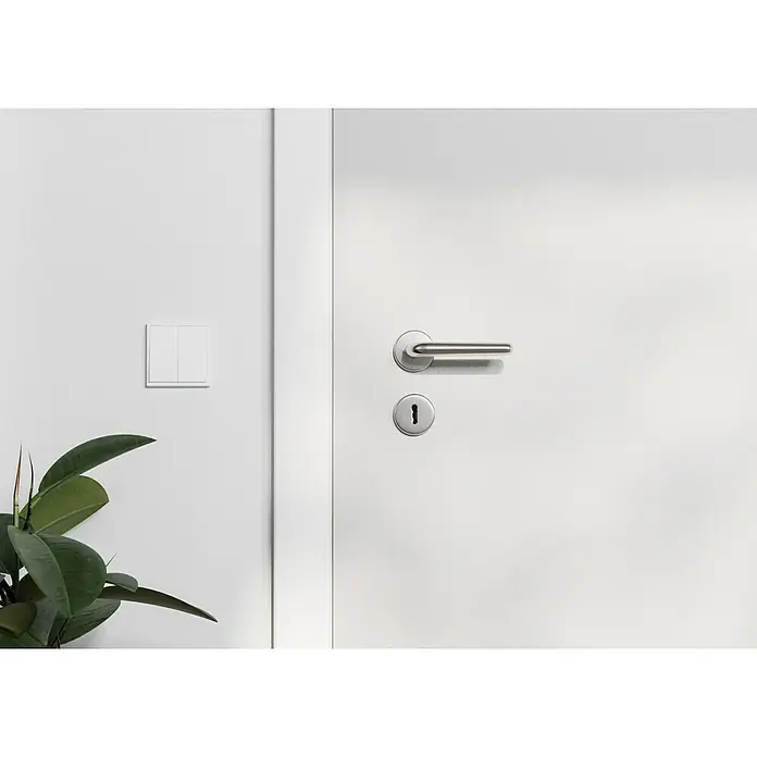 Hoppe Zimmertürgarnitur HelsingborgStärke Tür: 42 mm - 37 mm, Edelstahl, Buntbart - Nahaufnahme einer weißen Tür mit einem silbernen Türgriff und einem Schlüsselloch, daneben eine Wand mit einem Lichtschalter und einer Pflanze.