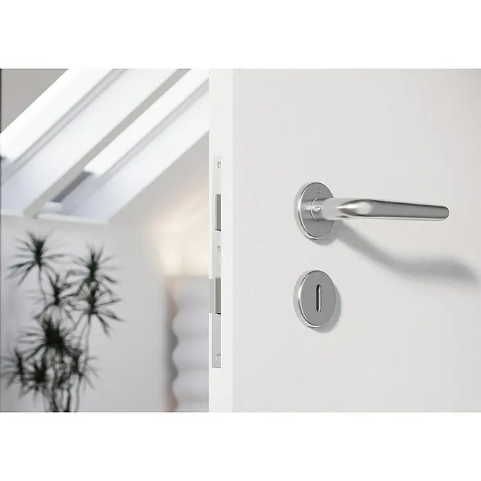 Hoppe Zimmertürgarnitur Helsingborg - Stärke Tür: 42 mm - 37 mm, Edelstahl, Buntbart - Nahaufnahme einer Tür mit einem modernen Edelstahl-Türgriff und Schloss, die einen Einblick in einen hellen Raum mit Pflanzen bietet.