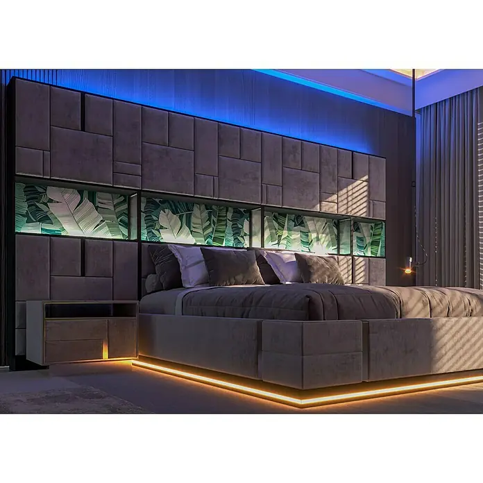 Tween Light LED-Band - Länge: 5 m, Lichtfarbe: RGB, 24 W - Elegantes Schlafzimmer mit einem stilvollen Bett mit LED-Beleuchtung und einem gepolsterten Kopfteil mit Pflanzenmuster.