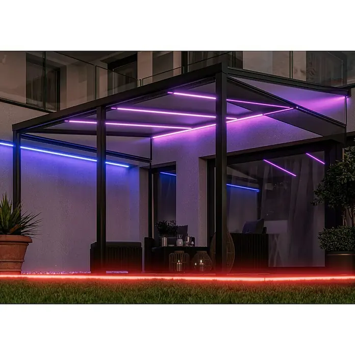 Starlux LED-Band Outdoor - Länge: 5 m, Lichtfarbe: RGB, 22 W - Moderne Pergola mit farbiger LED-Beleuchtung, die eine stimmungsvolle Atmosphäre im Außenbereich schafft. Ideal für entspannte Abende im Garten.