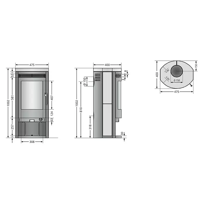 Justus Kaminofen Baltrum D 2.0 - 5,5 kW, Raumheizvermögen: 88 m³, Material Verkleidung: Stahl, Schwarz - Technische Zeichnungen eines grauen Kaminofens mit Vorder-, Seiten- und Draufsicht sowie detaillierten Abmessungen.
