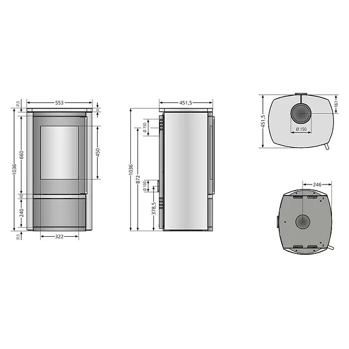 Justus Kaminofen Reno R - 6 kW, Raumheizvermögen: 124 m³, Material Verkleidung: Stahl, Schwarz - Technische Zeichnungen eines modernen grauen Ofens mit Maßen, Glastür und Rohranschlüssen.
