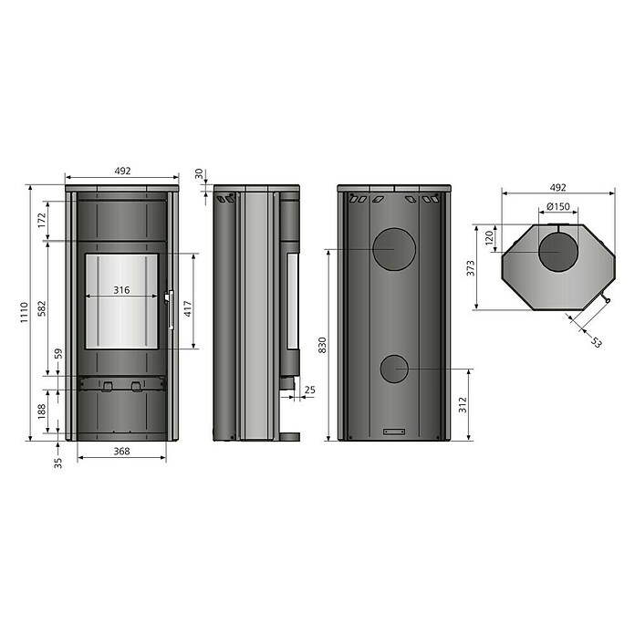Justus Usedom 5 Kaminofen Usedom W+ 2.0 (5,5 kW, Raumheizvermögen: 88 m³, Material Verkleidung: Stahl, Schwarz) | BAUHAUS
