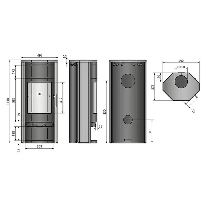 Justus Usedom 5 Kaminofen Usedom W+ 2.0 - 5,5 kW, Raumheizvermögen: 88 m³, Material Verkleidung: Stahl, Schwarz - Technische Zeichnung eines dunkelgrauen Kaminofens mit Maßen, Vorder-, Seiten- und Draufsicht.