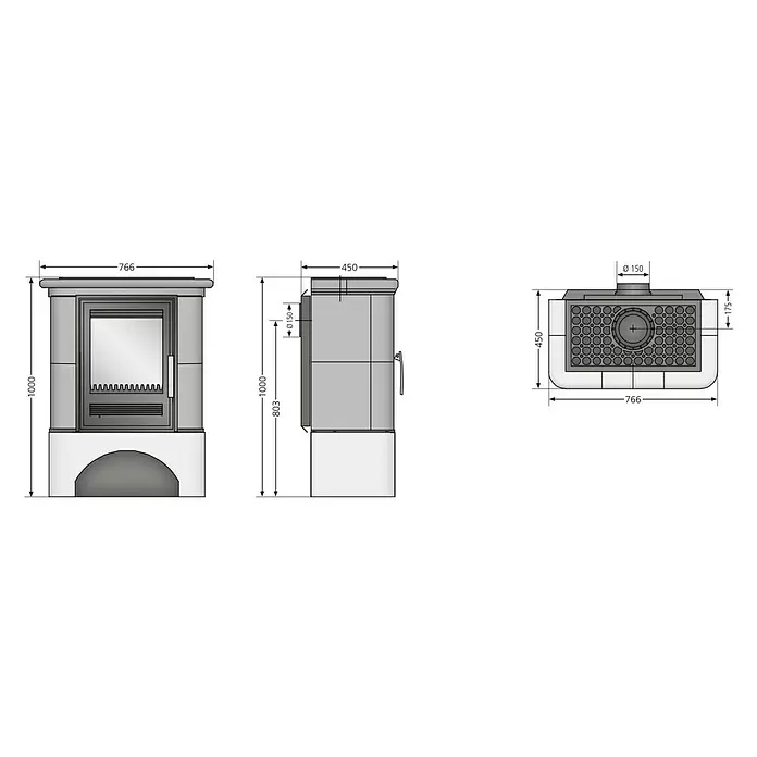 Justus Kaminofen Bavaria - 7 kW, Raumheizvermögen: 144 m³, Material Verkleidung: Keramik, Grün - Moderner grauer Holzofen mit detaillierten Maßen in Vorder-, Seiten- und Draufsicht dargestellt.