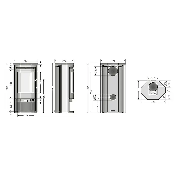 Justus Kaminofen Usedom 5 D - 5,5 kW, Raumheizvermögen: 88 m³, Material Verkleidung: Stahl, Gussgrau - Schemaansicht des Kaminofens mit allen Maßen für die Installation.