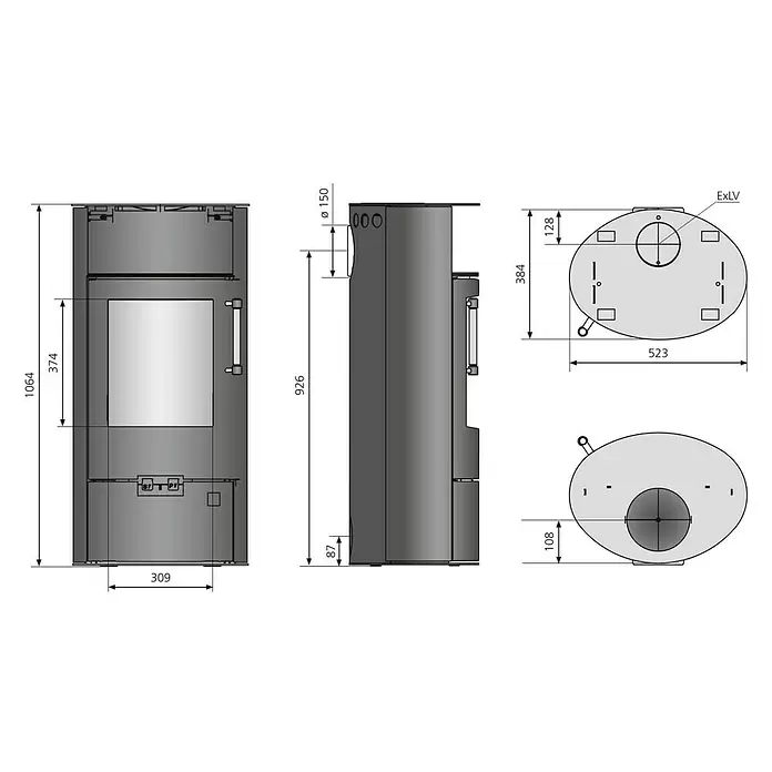 Justus Kaminofen Island 5 2.0 - 5 kW, Raumheizvermögen: 88 m³, Material Verkleidung: Speckstein, Gussgrau - Technische Zeichnung: dunkelgrauer Metall-Holzofen mit Glastür. Vorder-, Seiten-, Draufsicht mit Maßen.