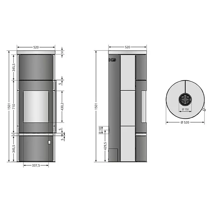 Justus Kaminofen Faro Aqua 2.0 - 8,5 kW, Raumheizvermögen: 200 m³, Material Verkleidung: Stahl, Schwarz, Zeitbrand - Technische Zeichnung eines dunkelgrauen zylindrischen Ofens mit Glasscheibe und detaillierten Maßen, Front-, Seiten- und Draufsicht.
