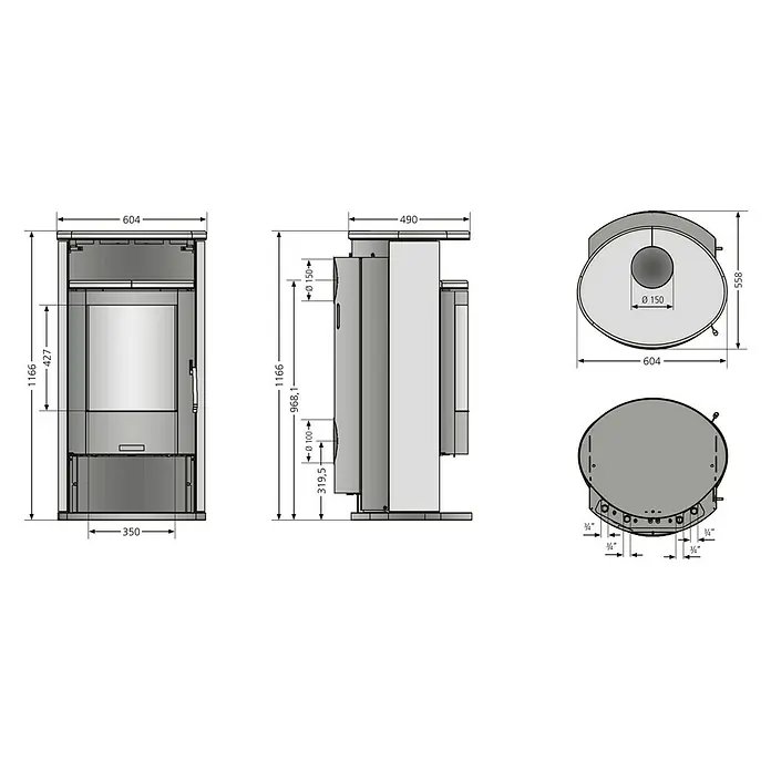Justus Kaminofen Island Aqua - 10 kW, Raumheizvermögen: 200 m³, Material Verkleidung: Speckstein, Schwarz - Abbildung eines Kaminofens mit Maßangaben, die die Höhe, Breite und Tiefe des Produkts zeigen, einschließlich Durchmesser des Abzugsrohrs.