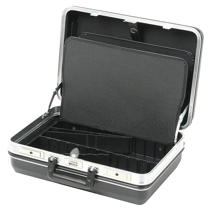 Hepco & Becker Werkzeugkoffer Budget 5011 - L x B x H: 370 x 490 x 180 mm, Material: ABS - Offener schwarzer Aktenkoffer mit silberfarbenen Akzenten. Das Innere des Koffers ist in Fächer unterteilt.