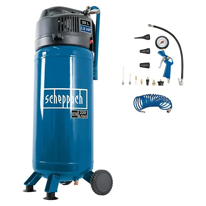 Scheppach Kompressor HC51V - 1.500 W, Max. Druck: 10 bar, 50 l, 230 V, Ansaugleistung: 220 l/min - Scheppach 50L 2.0 HP Vertikal-Kompressor mit Zubehör, ideal für verschiedene Anwendungen in Werkstatt und Garage.
