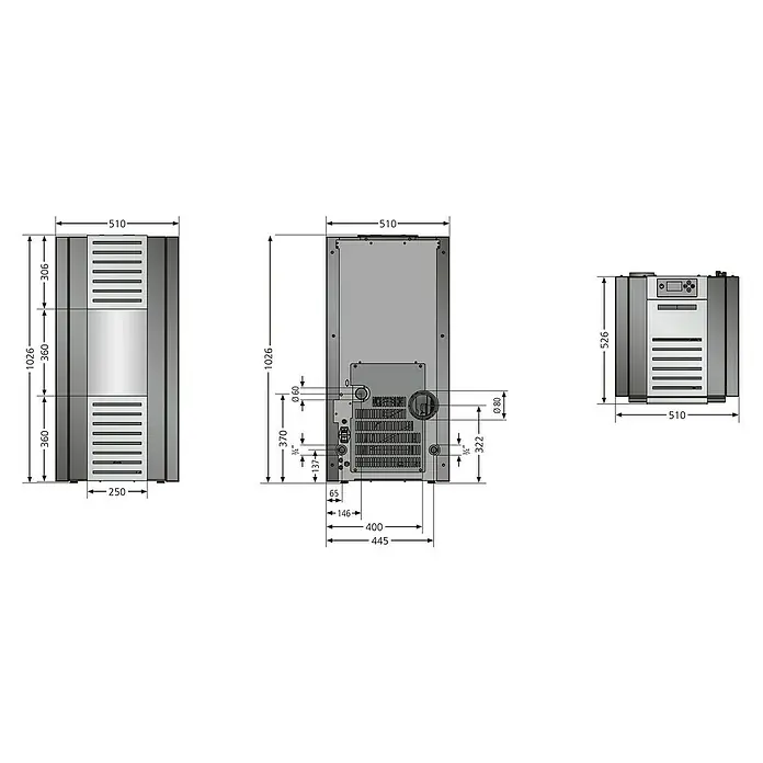 Justus Pelletofen Sirkos Aqua 2.0 - 2,5 kW - 9,4 kW, Raumheizvermögen: 200 m³, Material Verkleidung: Stahl, Schwarz - Abmessungen des Pelletofens, technische Zeichnung mit allen relevanten Maßen für die Installation und den Betrieb.
