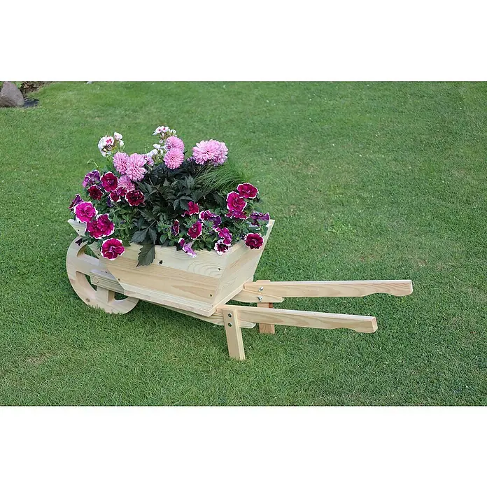 Promadino Pflanzkasten Pflanzkarre Spreewald - Außenmaß (L x B x H): 113 x 32 x 40 cm, Holz, Natur - Holzschubkarren-Pflanzgefäß voller rosa und violetter Blüten, perfekt, um Ihrem Garten einen Hauch von Farbe zu verleihen.