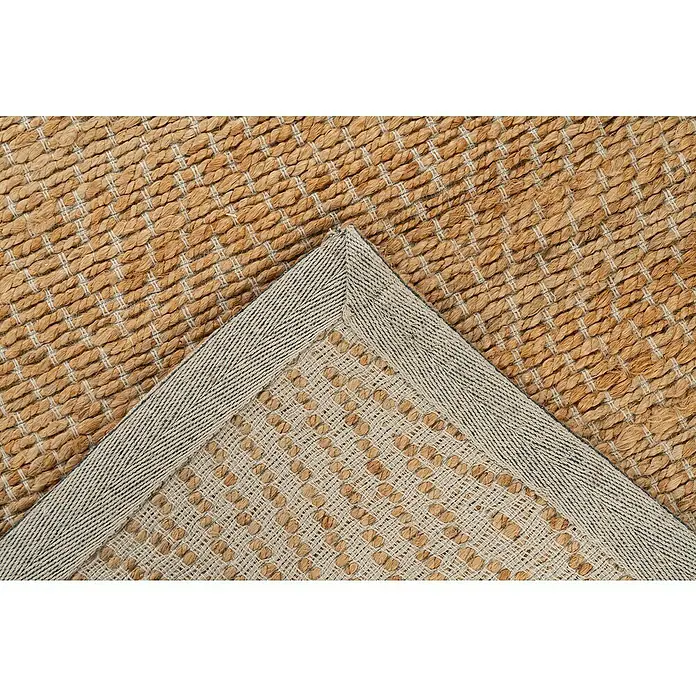 Juteteppich Nature 501 - Naturbraun, 230 x 160 cm, 100 % Jute - Detailansicht eines gewebten Teppichs mit Bordüre, der die Textur und das Muster des Teppichs hervorhebt.