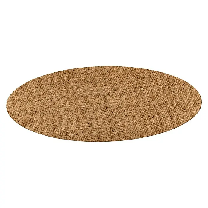 Juteteppich Nature 502 - Naturbraun, Durchmesser: 100 cm, 100 % Jute - Ein ovales, hellbraunes Produkt mit Textur, möglicherweise ein Teppich oder eine Matte, auf einem schwarzen Hintergrund.