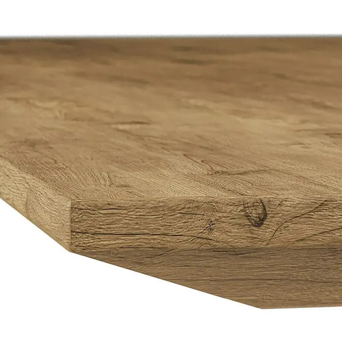 Exclusivholz Tischplatte mit Schweizer Kante - Eiche, 200 x 85 x 2,6 cm - Nahaufnahme einer Tischplatte in Holzoptik mit einer markanten Maserung und abgerundeten Kanten. Ideal für moderne Innenräume.